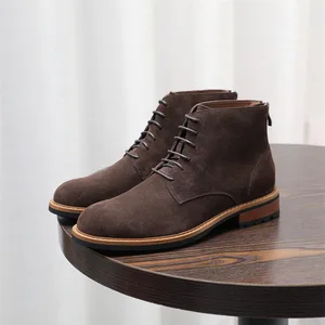 New British Style Luxury Brown Leather Boots Genuine Suede Upper  Anti-Slip Rubber Sole Men Autumn Boots