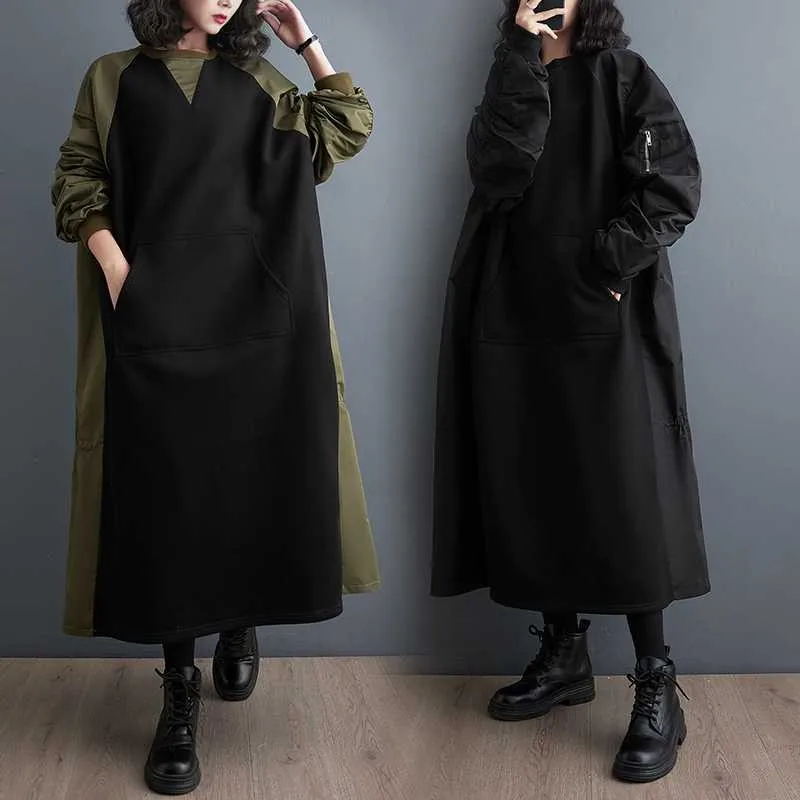 Trendy Fashion Fall Winter Women Ladies Long Sleeve Contrast Color Blocking Loose Long Maxi Straight Dress Casual Women Dress