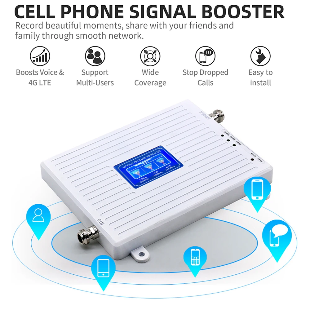Set lengkap baru jaringan seluler 2G 3G 4G pengulang penguat sinyal Tri  Band 850 1900 1700/2100MHz AWS Booster
