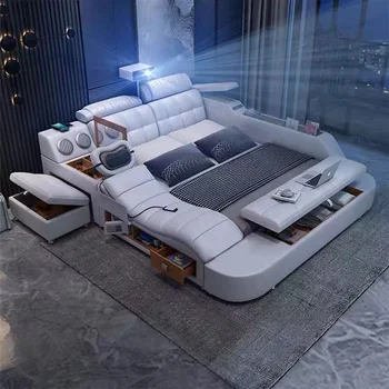 Hotsale Luxury Leather Smart Bed Multifunctional Bed Upholstered  Leather  Soft Bed Storage Music Speaker