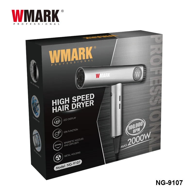 WMARK NG-9107 Customized Professional BLDC Brushless Motor High Speed 100,000RPM Hair Blower 2000W LED Display Barber Hair Dryer