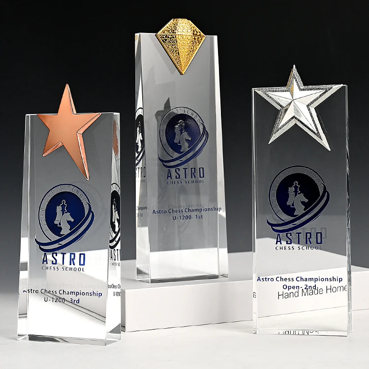 Factory Wholesale Customized Star Crystal Glass Trophy Logo Printing Sports Events Company Awards Crystal Crafts Trophy