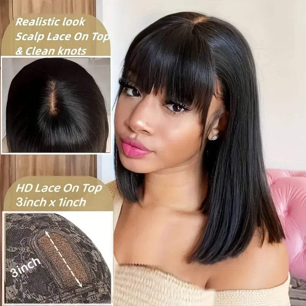 Brazilian Straight Bob Lace Wigs 100% Human Hair Bangs Fringe Middle Part Realistic Scalp_voghion.com