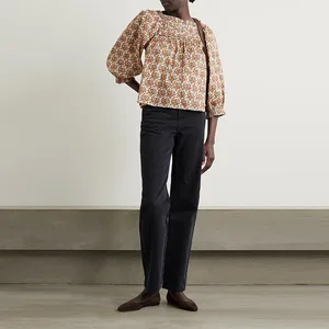 Clothing Manufacturer Custom Spring Autumn square Neck Long Sleeve Elegant Casual Women Print Organic Cotton Voile Blouse