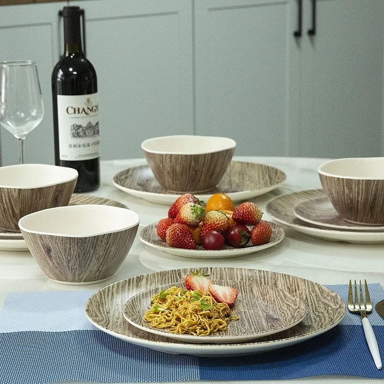 Sustainable Wood Grain Melamine Dinnerware Set for Camping