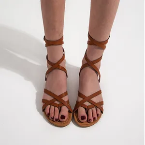 Women Tan Leather Gladiator Style Ankle Wrap Flat Sandals Luxury Summer Beach Resort Casual Comfort Walking Shoes Wholesale