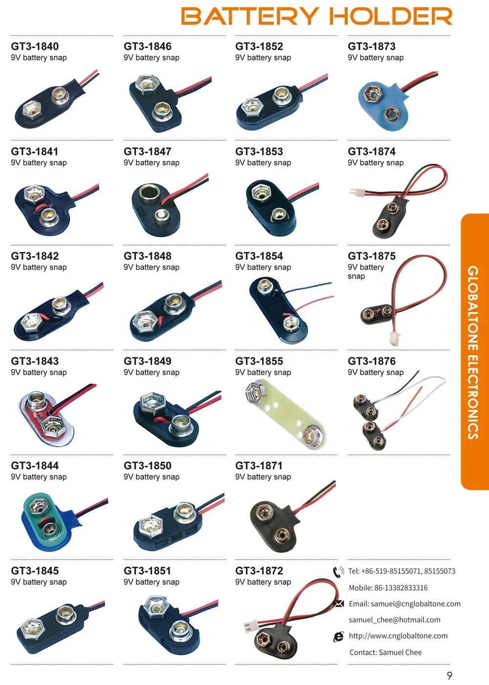 GLOBALTONE GT3-1840 I Type 9V Battery Snap Clip Connector BMS Soft Shell Lead Wire Metal Plastic Batteriehalter/Support Batterie