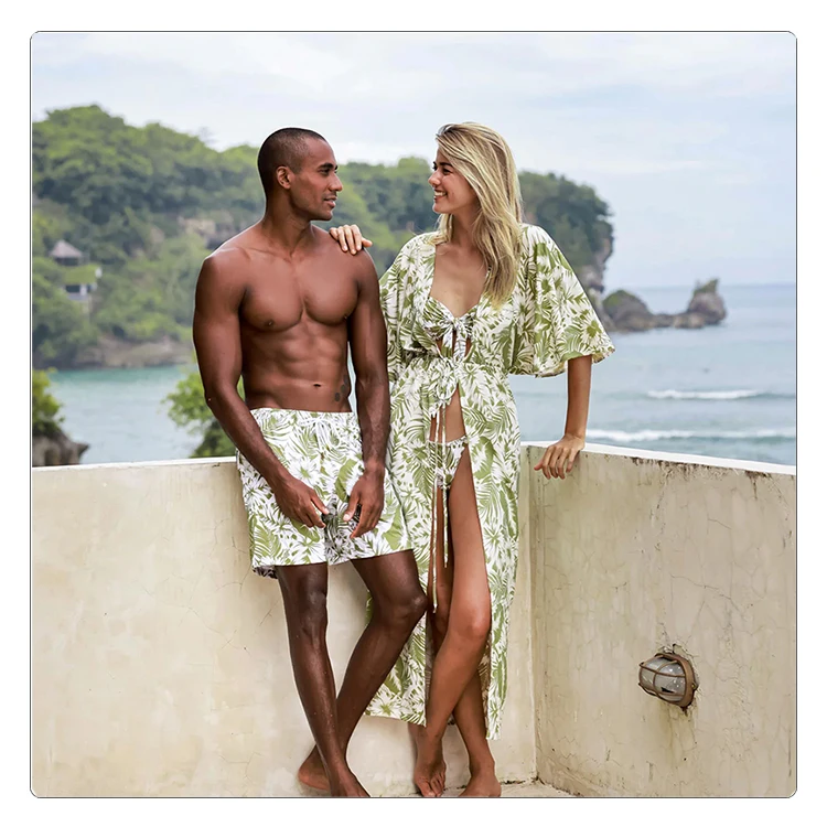 Casual Leaf Printing Bikini Set and Men Beach Trunk for Couples
