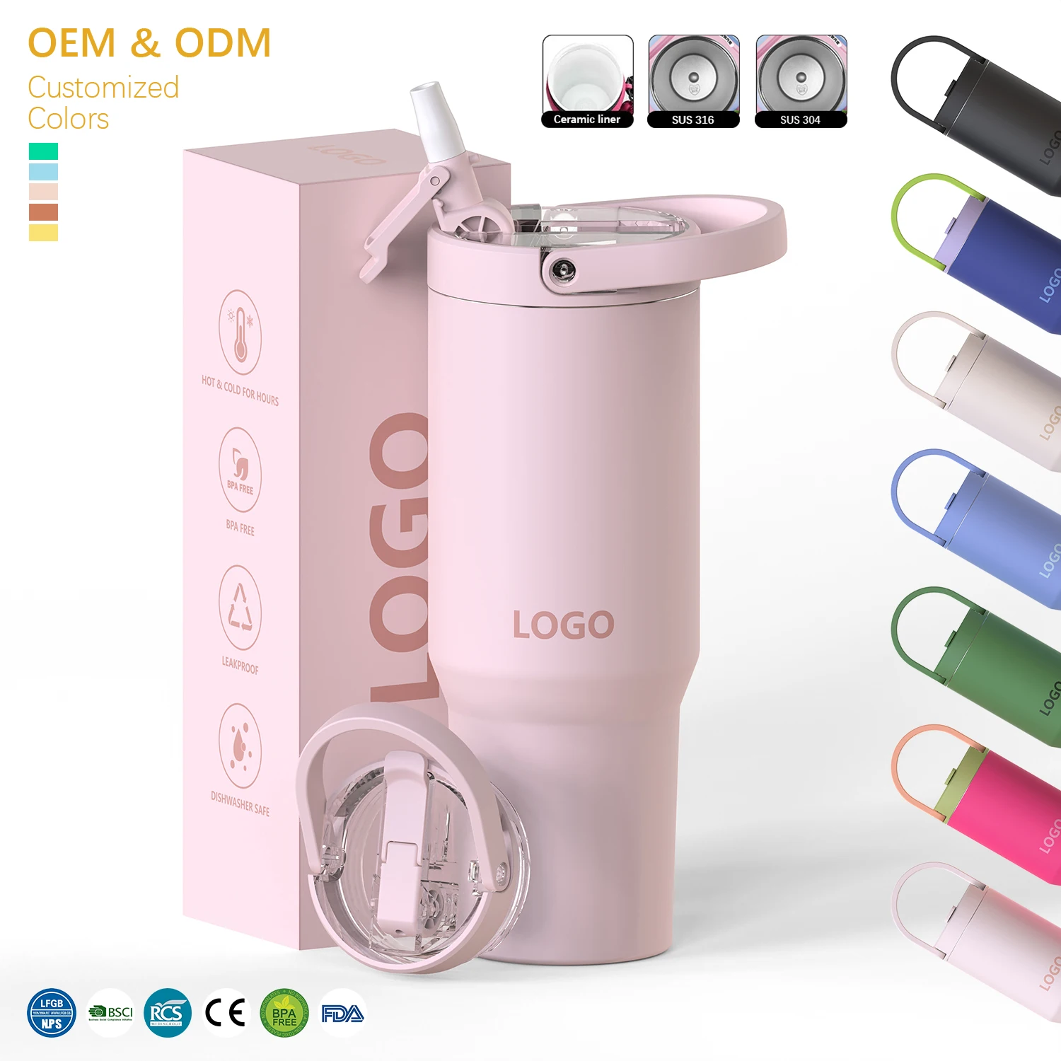 Custom 20oz 32oz 40 oz Tumbler with Lid and Straw Stainless Steel Vacuum Insulated Reusable Tumblers with Flip Straw Top Handle