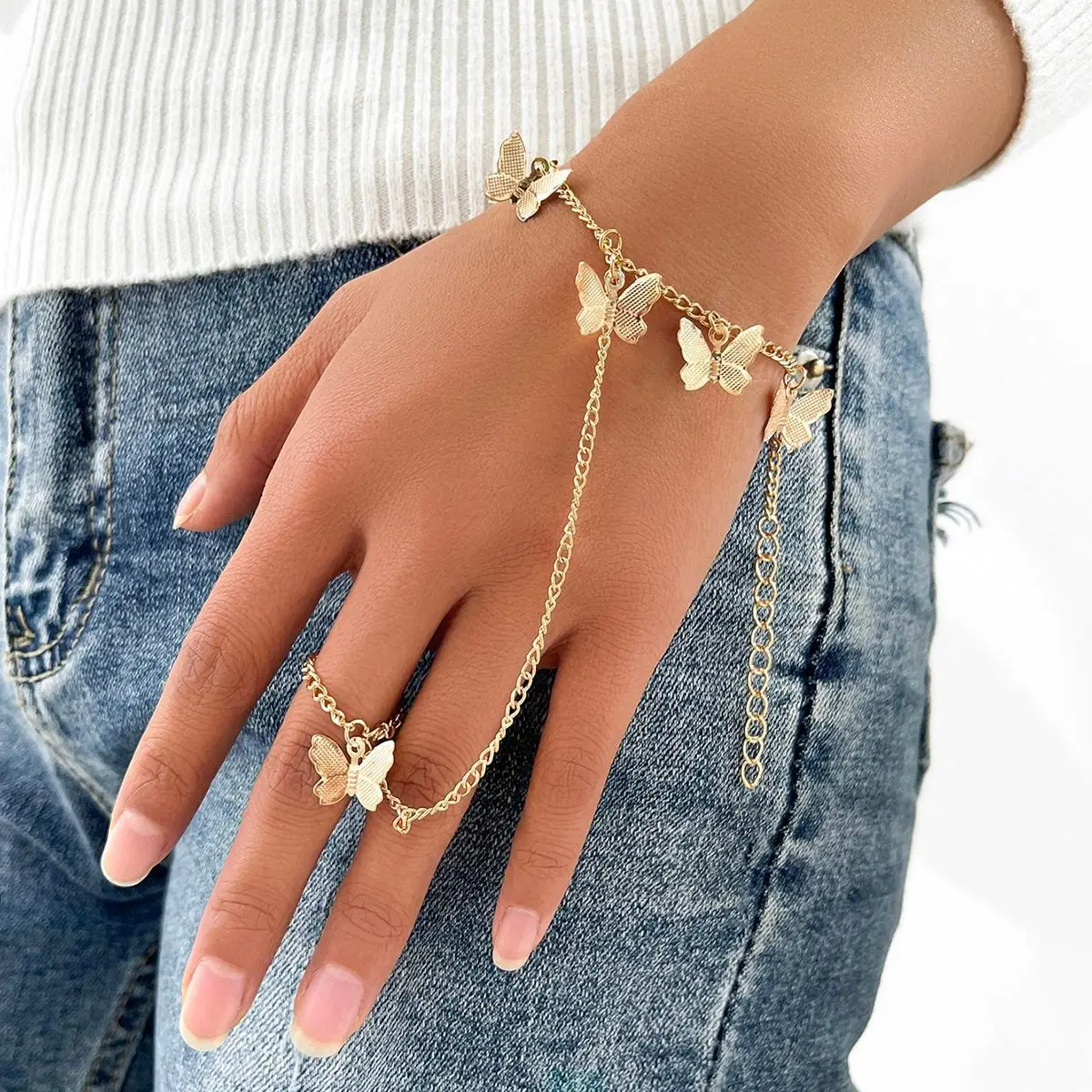 Trendy Bracelet with Finger Ring Gold Butterfly Link