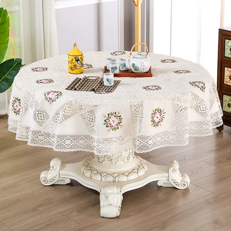 手作りかぎ針編みテーブルクロス刺繍入りリボン付きウェディングと