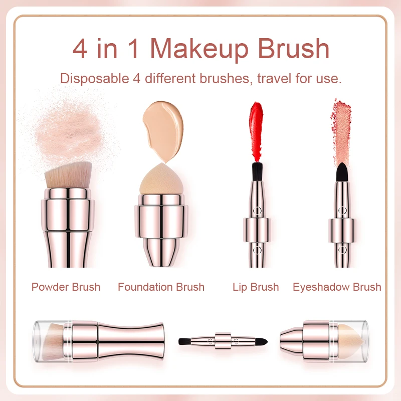 4-in-1 Reise-Make-up-Pinsel Set Mit Etui – Doppelendig Für Foundation, Concealer, Lidschatten & Puder