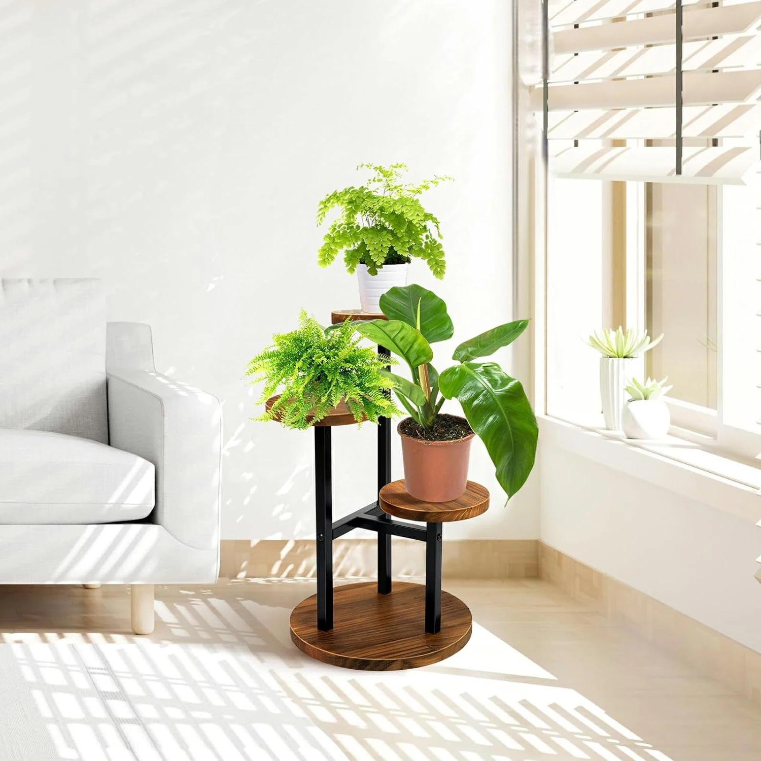 Display Rack Flower Pot Stand Tall Metal Wood Shelf Holder for Indoor 3 Tier Plant Stand
