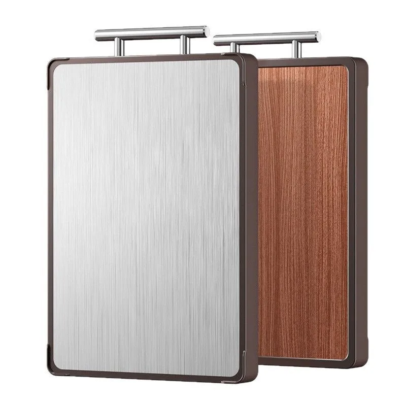 Large Double-Sided Antibacterial Stainless Steel Cutting Board Mildew-Proof Kitchen Chopping Block with Ebony Solid Wood Surface