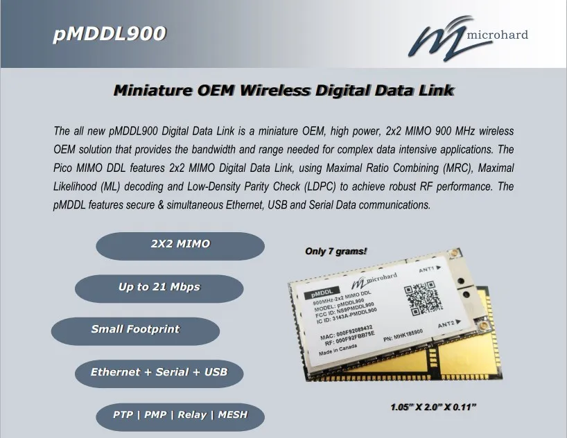 Microhard PMDDL900 - Miniature 900 Mhz MIMO Data Link