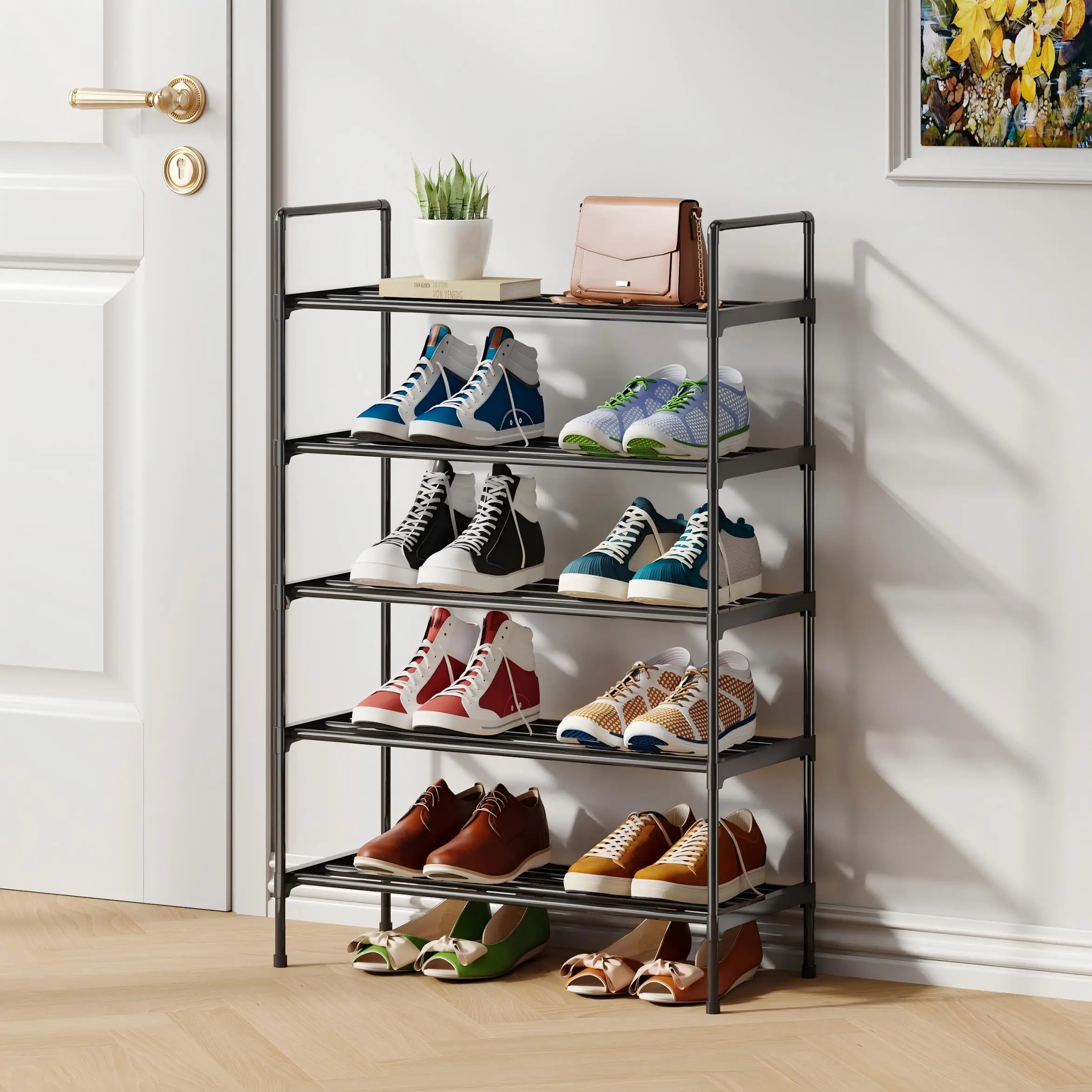Customizable 3/4/5-Layer Metal Shoe Rack 4 Pipes Per Layer Easy Assembly Detachable Shoe Storage Shelf for Entryway Living Room