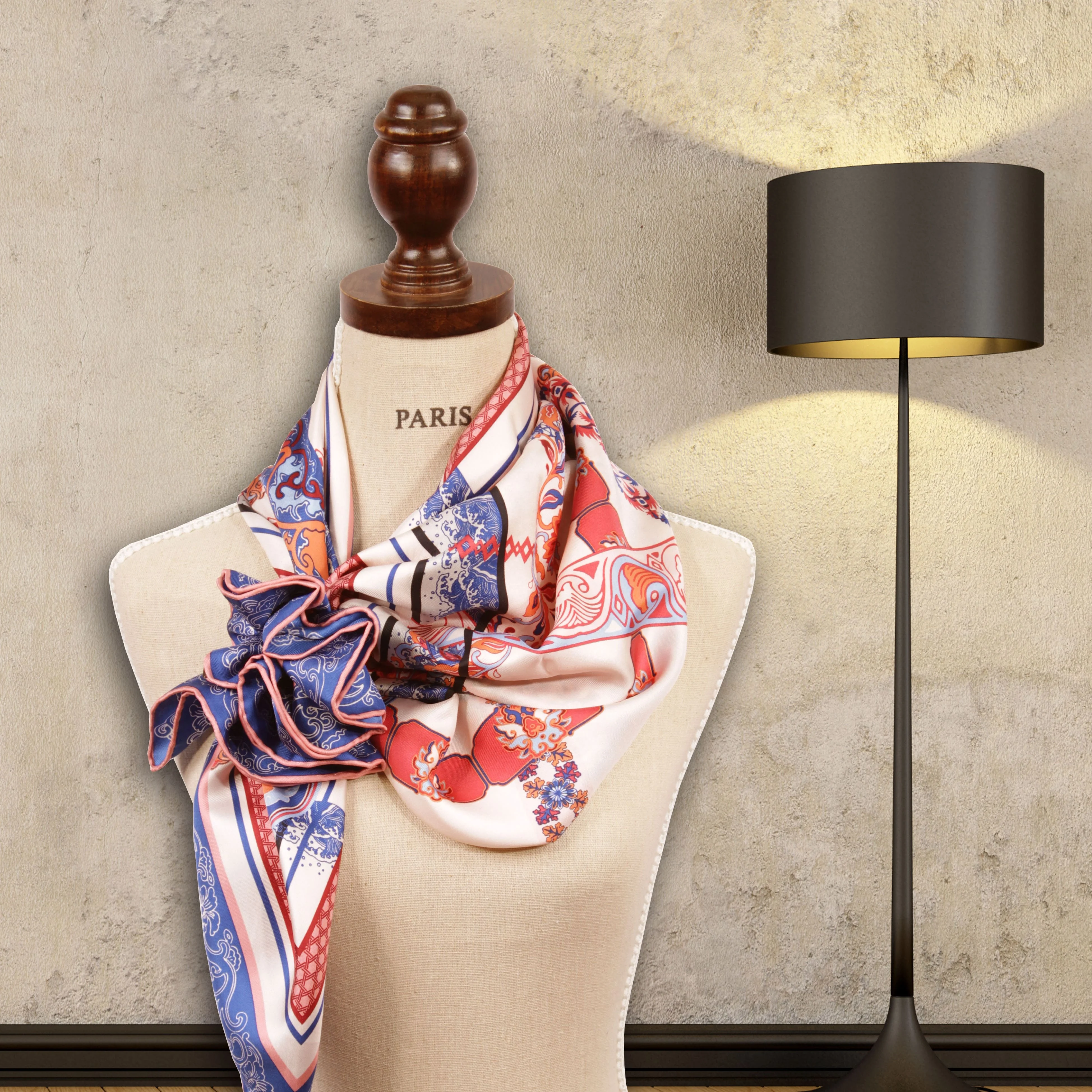 Style De Luxe 90*90cm Carré Rétro Foulard En Soie Personnalisé Fleur Imprimé Soi