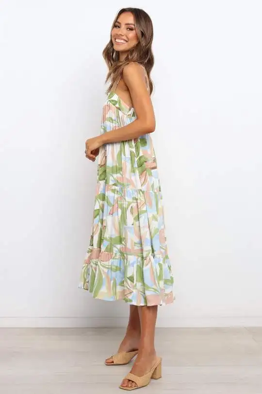 Custom Pattern Floral Print Adjustable Straps Pleated Midi Dress