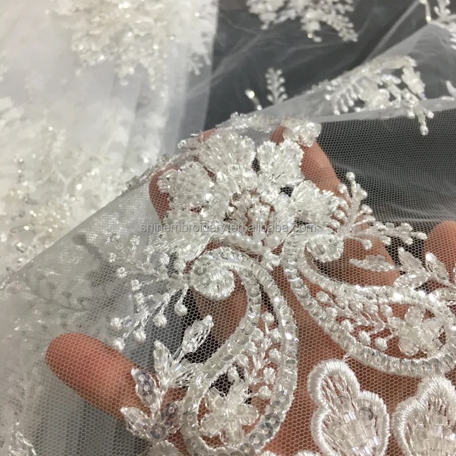 White Bridal Embroidery Beaded Sequin Embroidered Lace Fabric For ...