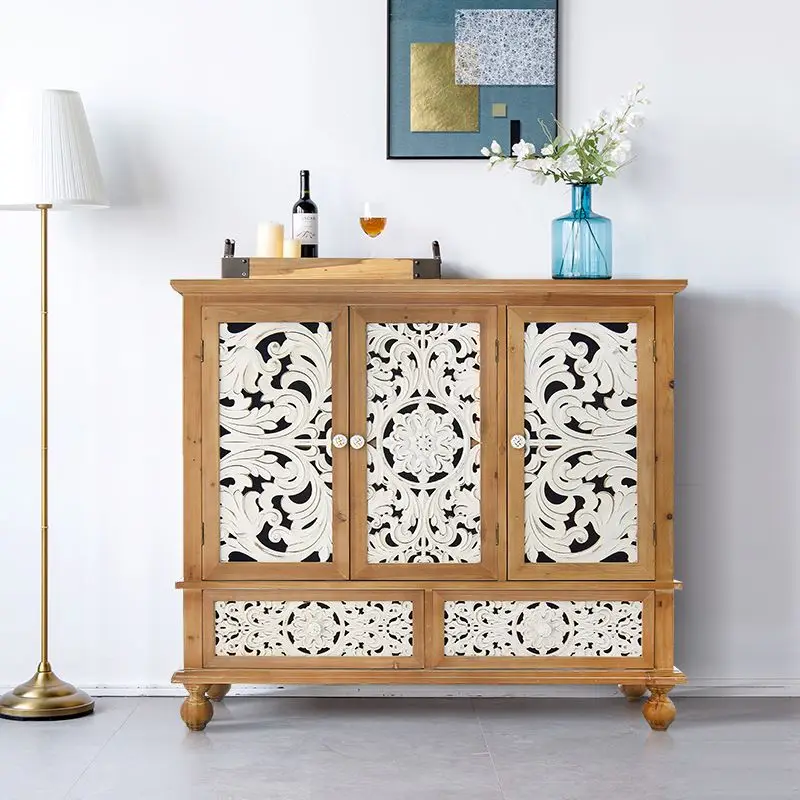 INNOVA Rustic White 3 Doors 2 Drawers Dinning Room Corner Sideboard Accent Wood Carved Storage Cabinets for Living Room