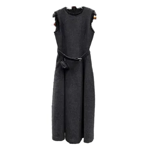 Customize High Quality New Winter Dress Fashion Designer Empire Waist High Street Belt Patchwork Sleeveless Midi Length Wool