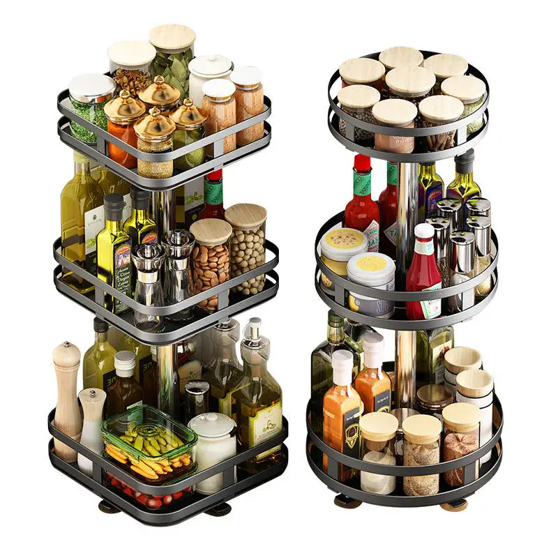 Revolving Kitchen Spice Jar Bottle Rack 1/2/3 Tier Multifunction Rotating Spice Storage Organizer Rack Carbon Steel Household