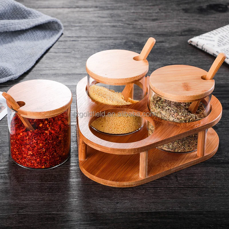 Cylindrical Seasoning Box Bamboo Lid Cooking Tools Glass Salt Jar Sugar Milk Powder Spices Storage Case Condiment Pot for Home