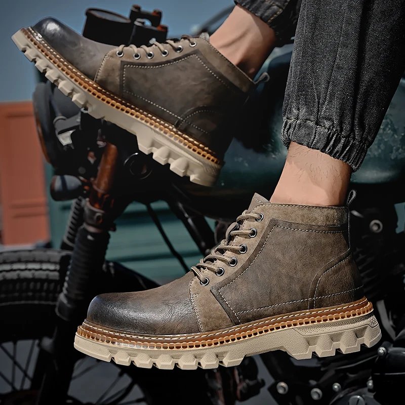 New Fashion Trendy Casual Men's British Genuine Leather High Top Soft Sole martin boots