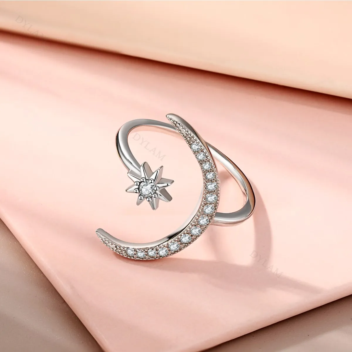 KAKODIY Fashion Design 925 Sterling Silver Jewelry Gold Plated Moon Star Ring Open Adjustable Thin Ring detail 3
