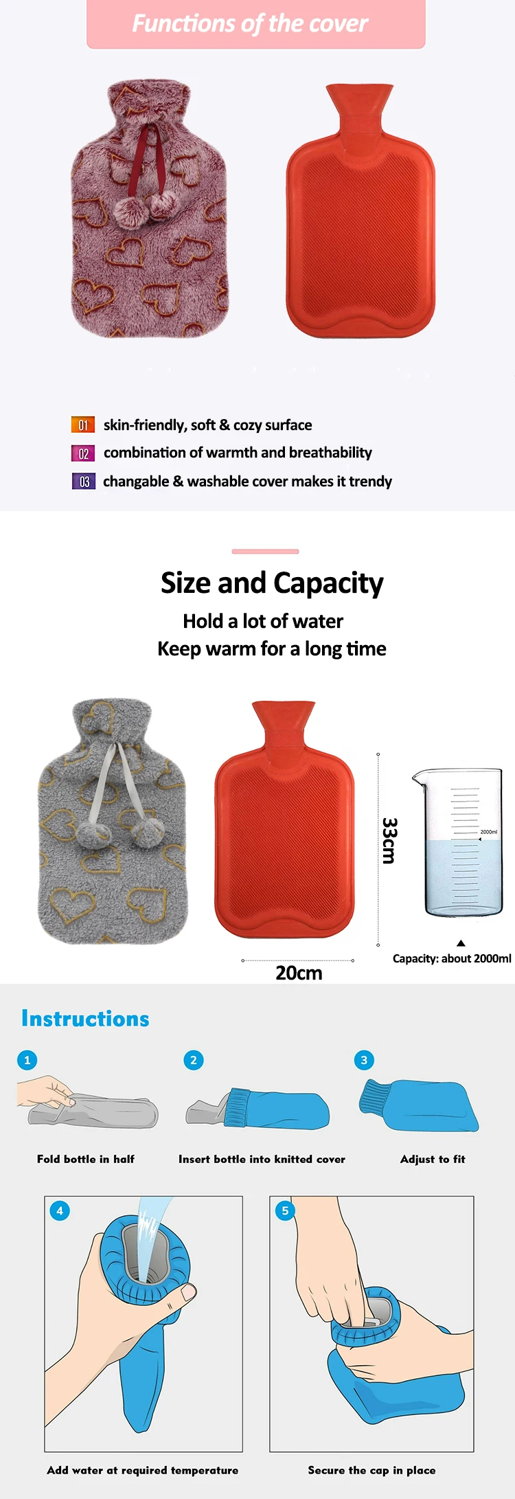 factory wholesale custom plush cover warm hot water bottle rubber pvc hot water bag manufacturer