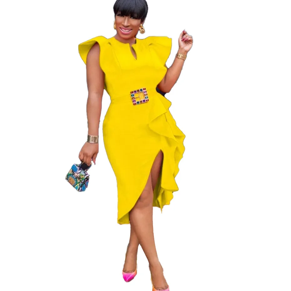 2022 New Arrival Bright Yellow Women Plus Size Bodycon Dress Lady Summer  Party Club Prom Dinner Midi Elegant Ruffle Chic Dress