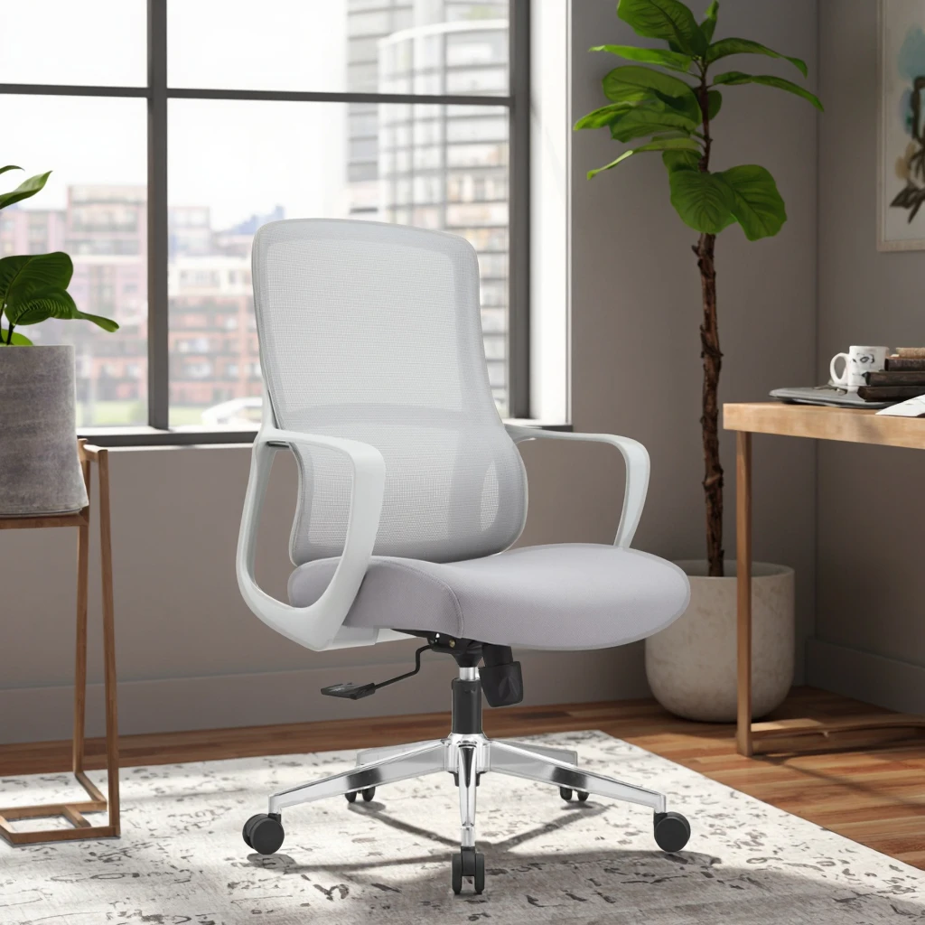 New Arrival JYG-Bell Gray White Rubber Ergonomic Office Chair Reinforced Engineering Plastic Frame Breathable Mesh Back 3D 6