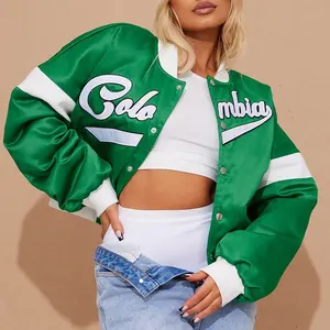 Huili Designer Satin Polyester Varsity Jacket Women Custom College Team logo Embroidery Streetwear Letterman Jacket
