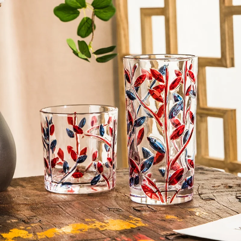 Creative Hand Painted Colorful Leaf Twig Embossed Mouth Blown Classic Highball Glasses Tall Beverage Cups