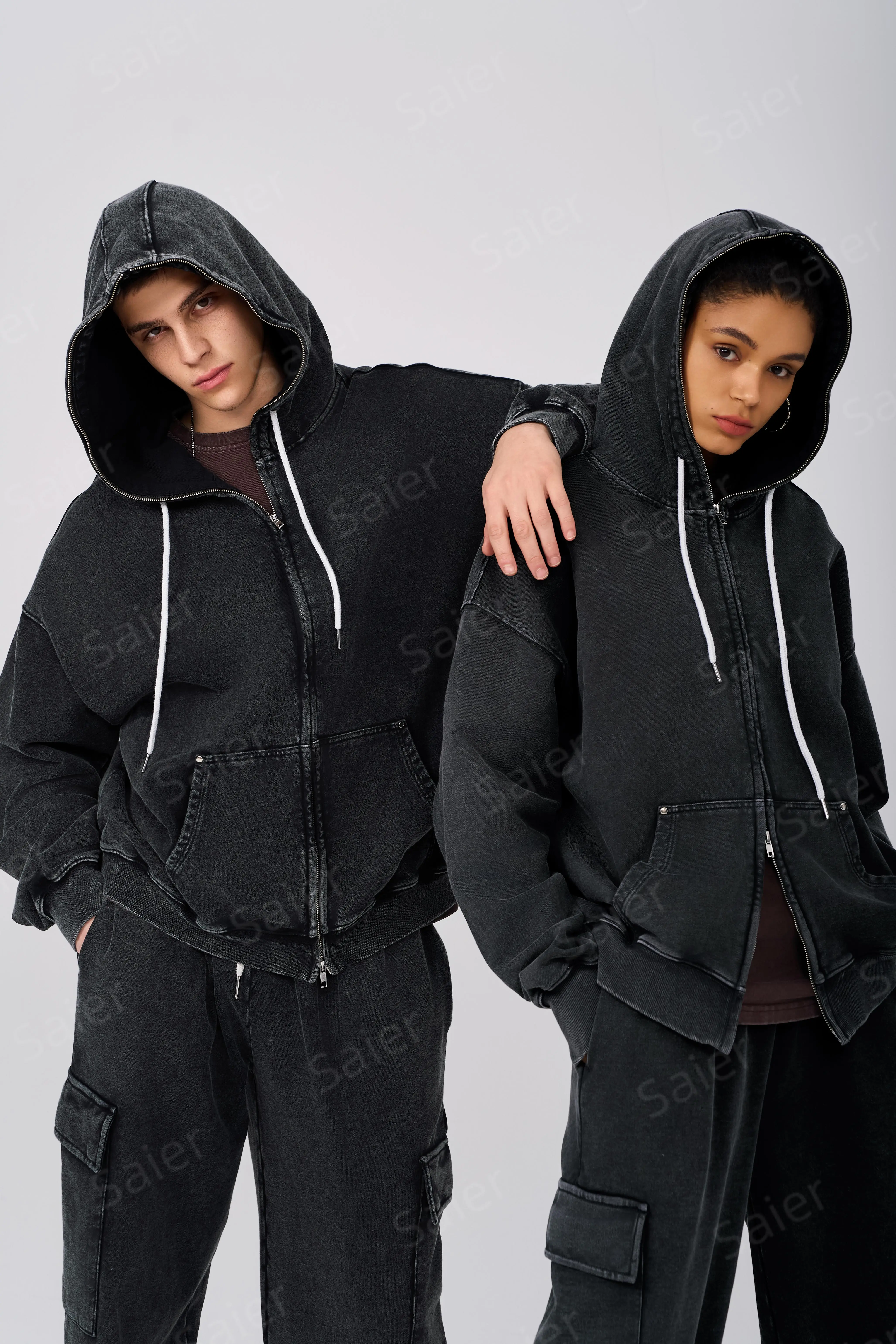 Washed Unisex Full Zip Tracksuit Set - 100% Cotton Hoodie & Cargo