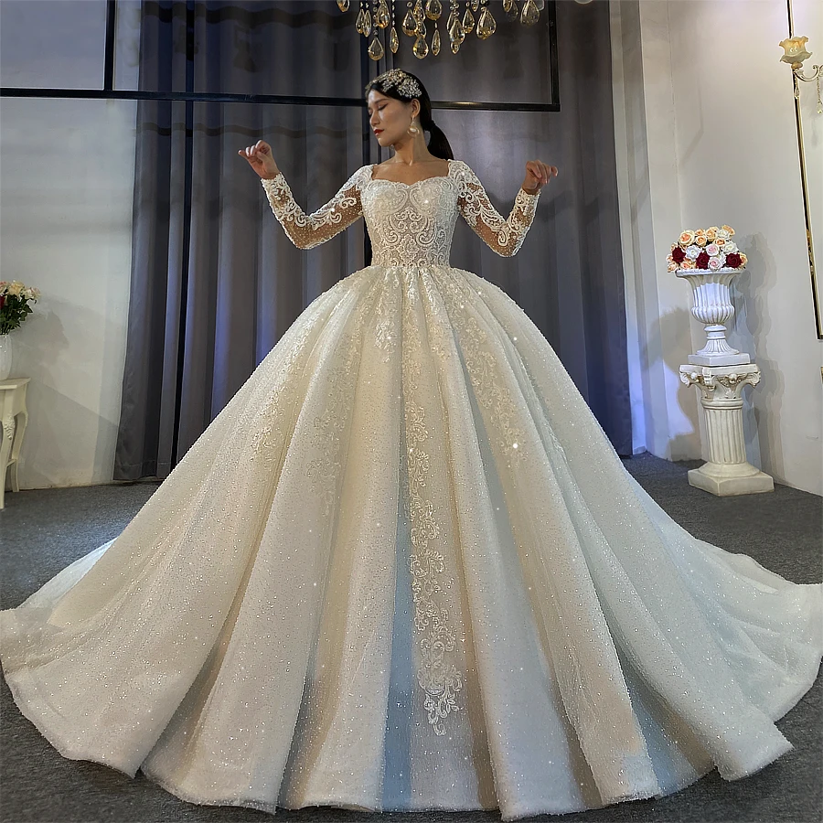 2021 Glitter Wedding Dress Long Sleeve Party Luxury Large Size Bridal ...