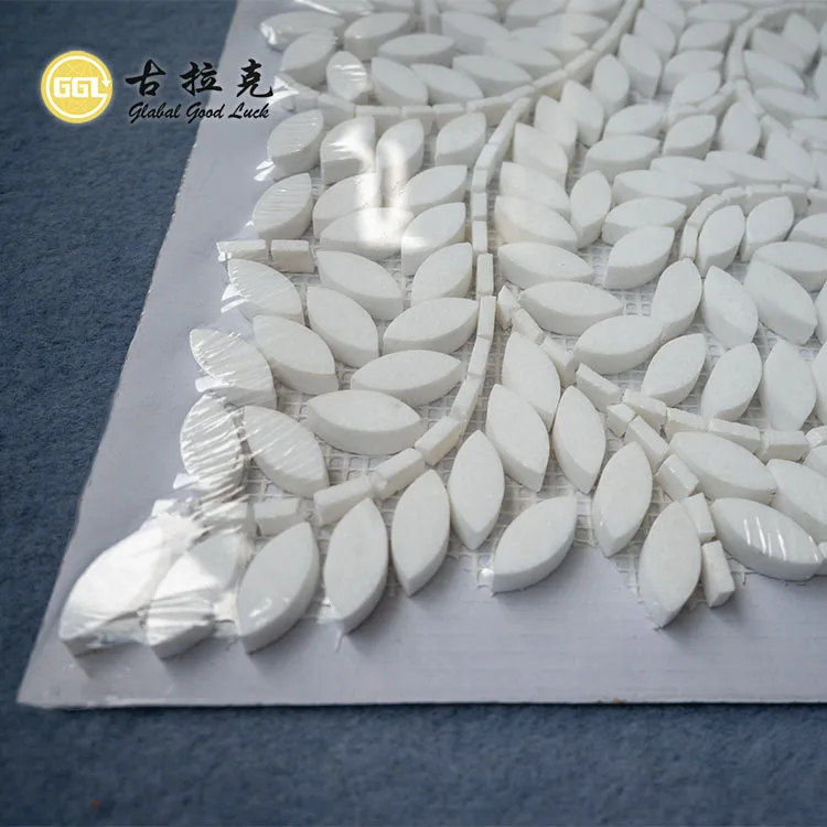 Interior Wall Tile Water Jet Nature Marble Leaf Design Stone Mosaic Wall Floor Tile