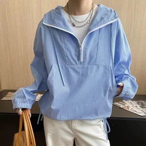 Women's Blue Hooded Half-Zip Shirt Casual -Fit Top