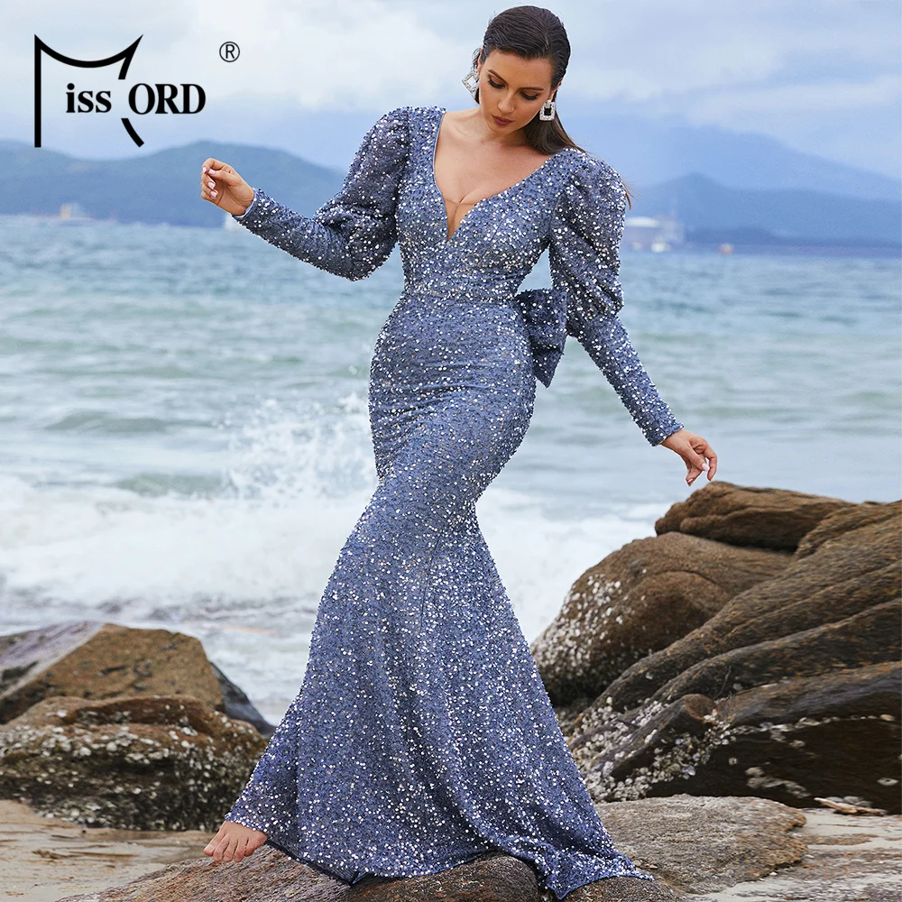 Robe longue de luxe à col en v, manches bouffantes, paillettes grises  sirène, robe de soirée de mariage pour femmes, été 2023