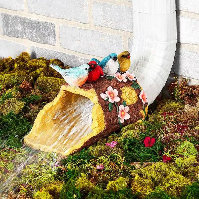 Resin Hollow Tree Stump with Curious Kitty Cat and Frog Gutter Downspout Statue