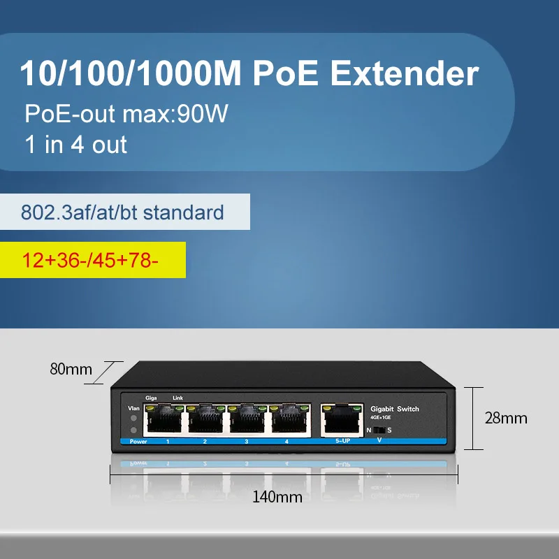 1 IN 4 OUT 10/100/1000M PoE Extender 30W 60W 90W up to 250m Support Standard IEEE802.3AF AT BT manufacture