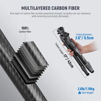 NEEWER LITETRIP LT32 62" Travel Tripod Carbon Fiber with 15 Leveling 360 Panorama Head, Detachable Center Axis, Fast Flip detail image