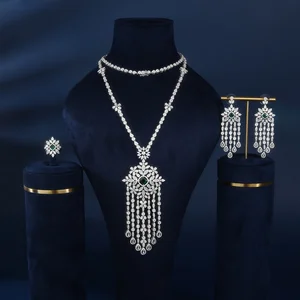 Bridetalk Classic Engagement Luxury 925 Silver Zircon Tassel Pendant Delicate Long Necklace Set Women's Wedding Party Wear