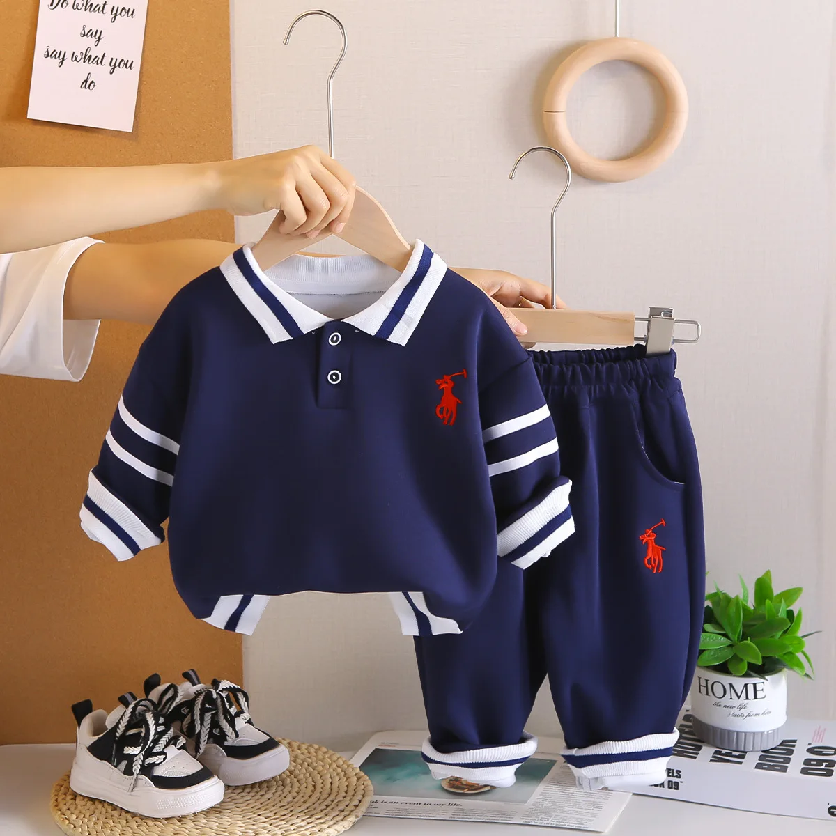 2025 Korean Embroidered POLO Shirt Long-Sleeved Trousers Boys Clothing Two-Piece Set Spring Autumn Children's Suit Foreign Trend