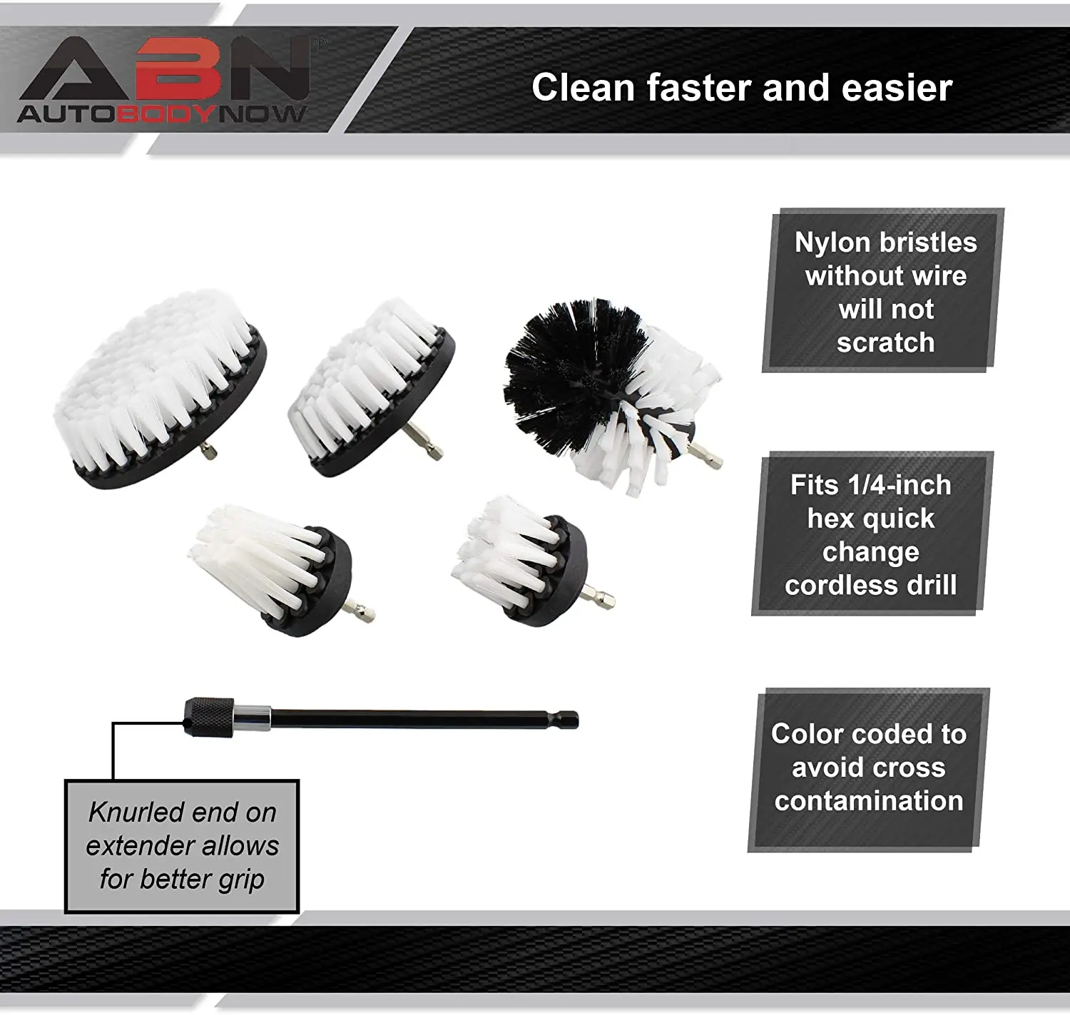 Power Scrubber Drill Brush Attachment 3 Piece Set for 1/4in Drive ABN