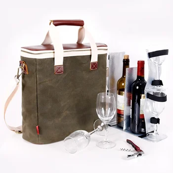 CHANGRONG Custom cotton shoulder Padded Portable 2 Bottles Insulated wine Carrier Leather Tote Travel Ice Wine Cooler Bag