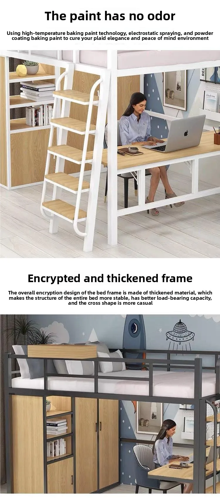 product multifunctional loft bed with thickened iron frame and elevated desk for small apartments wardrobe underneath bed-5