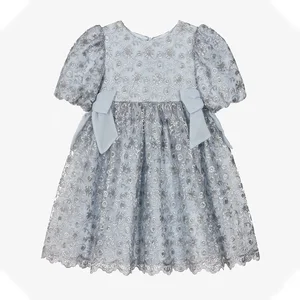 Custom Blue Children Girl Dress With Hand Embroidery Flower for Wedding Birthday Wholesale High Quality Kids Dresses Factory