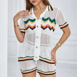 JY Z701ST Summer Knit Turn-down Collar Short Sleeve Top and Short Pants  Loose Hollow Out Women's Setting