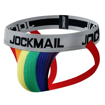 High Elastic Straps Jockmail G-String Men's Fashion Hollow Out Rainbow Thongs Gay Bottom Sexy Jockstrap Gay Boys Underwear